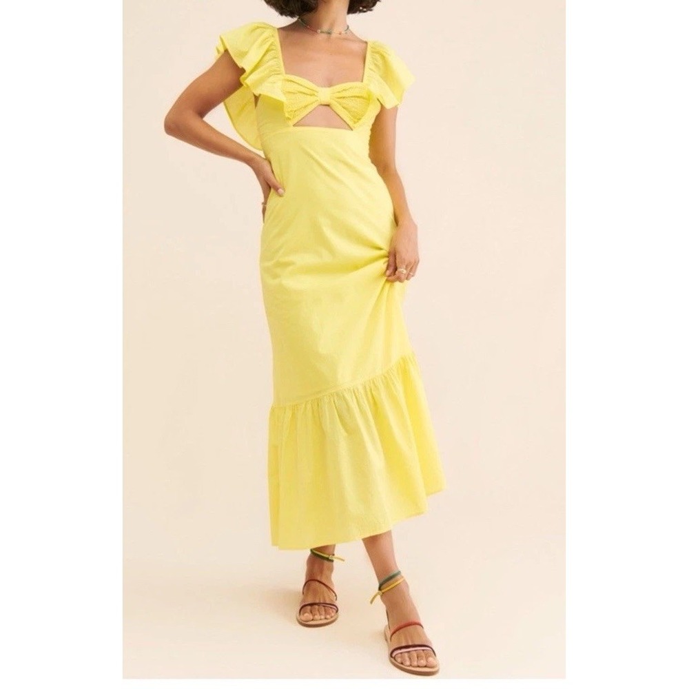 Farm Rio Flutter Sweetheart Neck Butter Yellow Cut Out Bandeau Midi Dress Size S - Picture 2 of 10